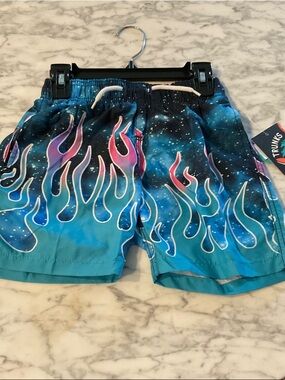 Kids Blue Gradient Flame Swim Trunks with Drawstring